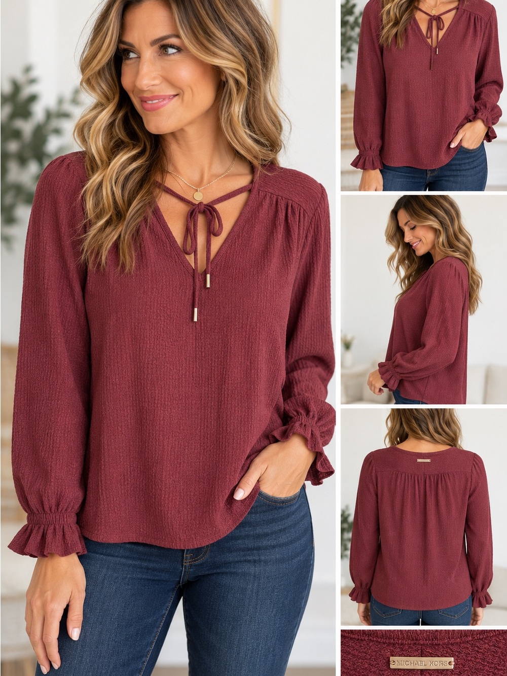 MICHAEL Michael Kors Burgundy V-Neck Long-Sleeve Blouse with Tie